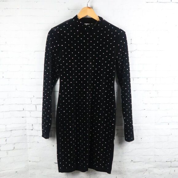 H&M BLACK VELVET RHINESTONE STUDDED LONG SLEEVE HIGH NECK DRESS SIZE SMALL - Picture 2 of 12